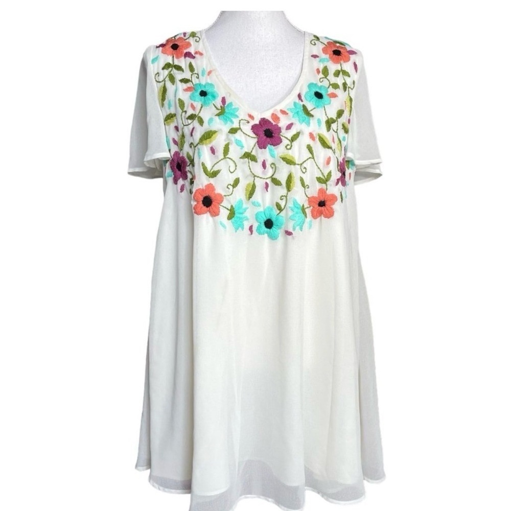 Judith March White/Slight Cream Dress with Colorful Floral Embroidery Size S